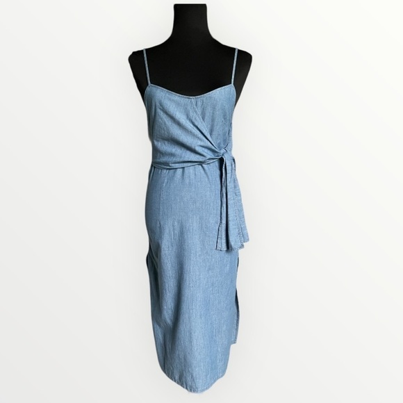 Topshop Faux Wrap Midi Dress Tie Chambray | Size 6 - Picture 2 of 12